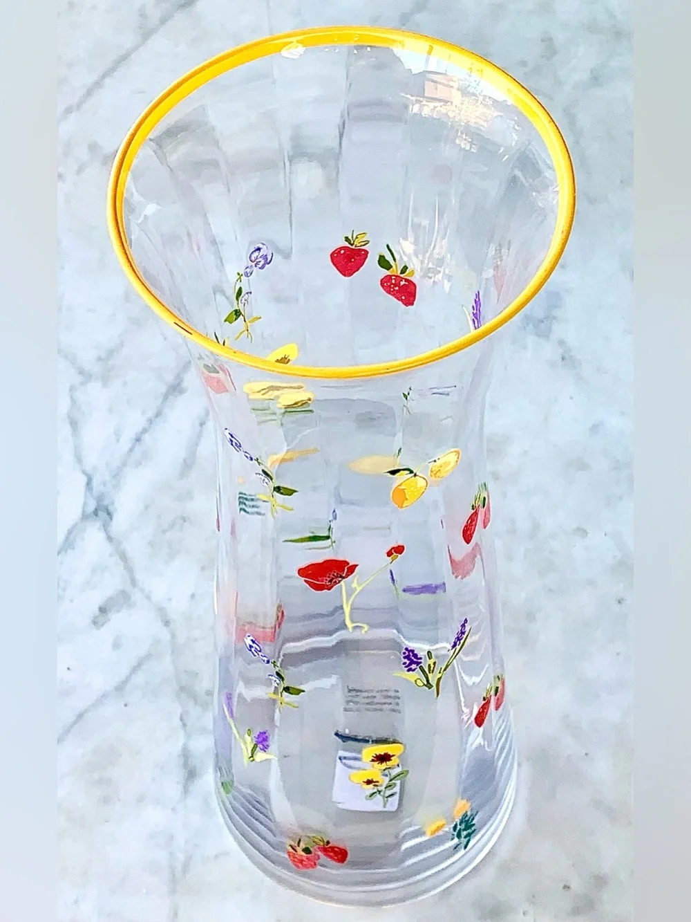 ANTHROPOLOGIE CORDELIA PITCHER CLEAR Glass Vase Yellow Rim and Floral Fruit NEW